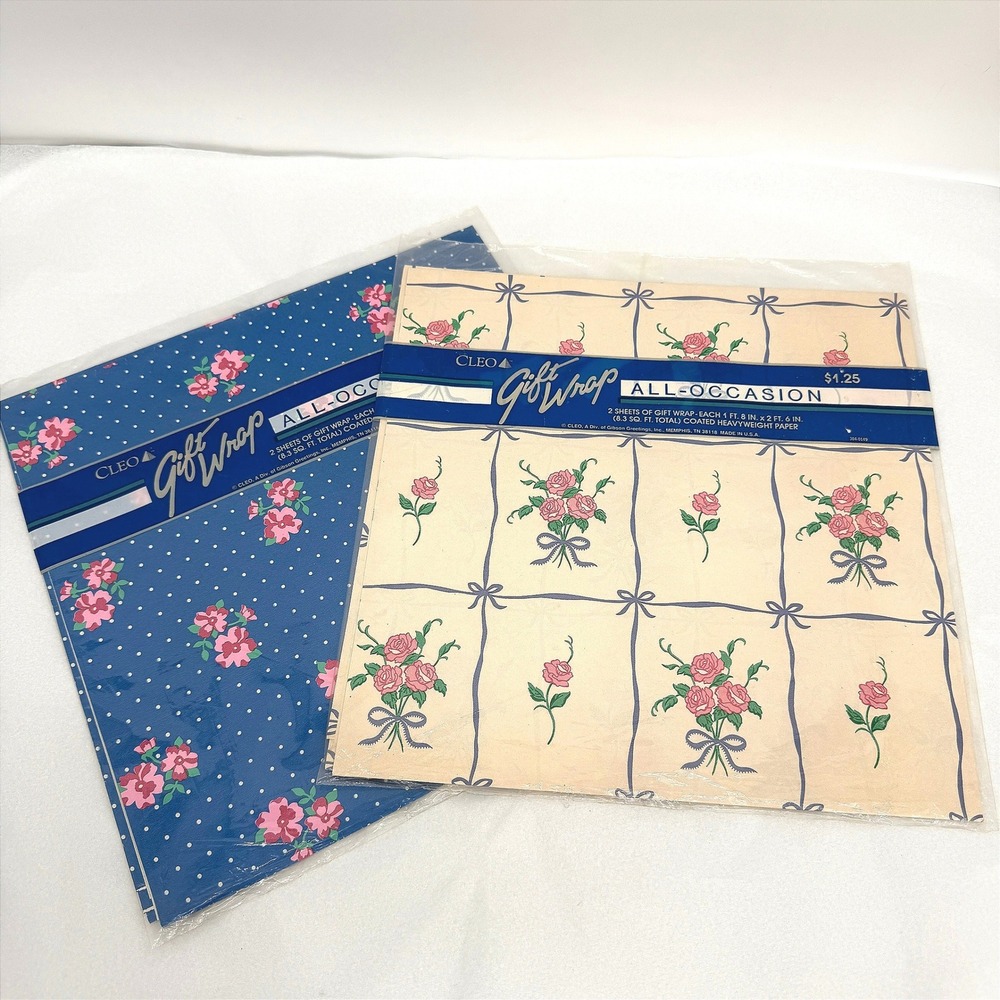 Cleo Gift Wrap Wrapping Paper SHEETS VTG Floral Polka Dot Set of 2 Ephemera